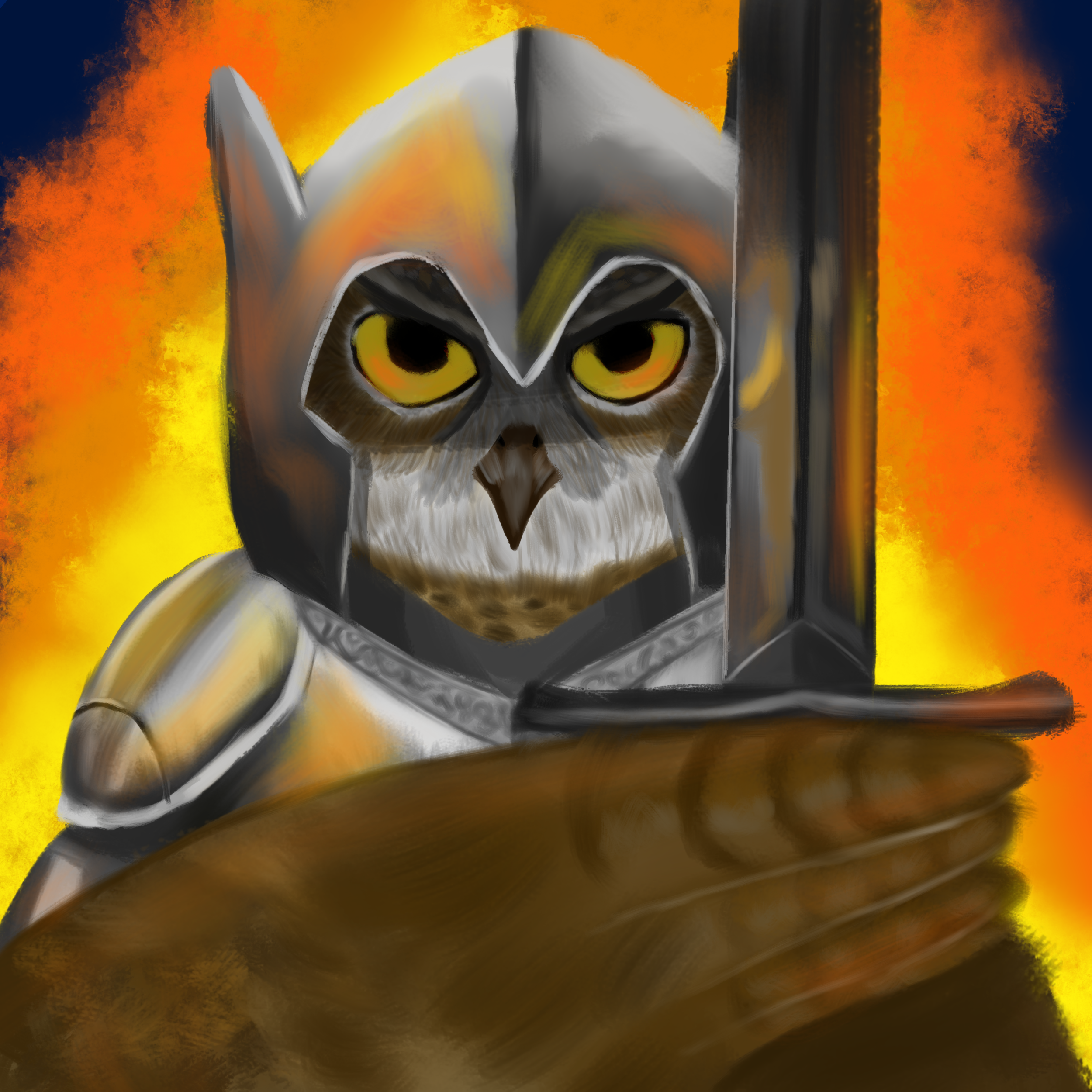 Digital Drawing of an Owl in Armor Holding a Sword