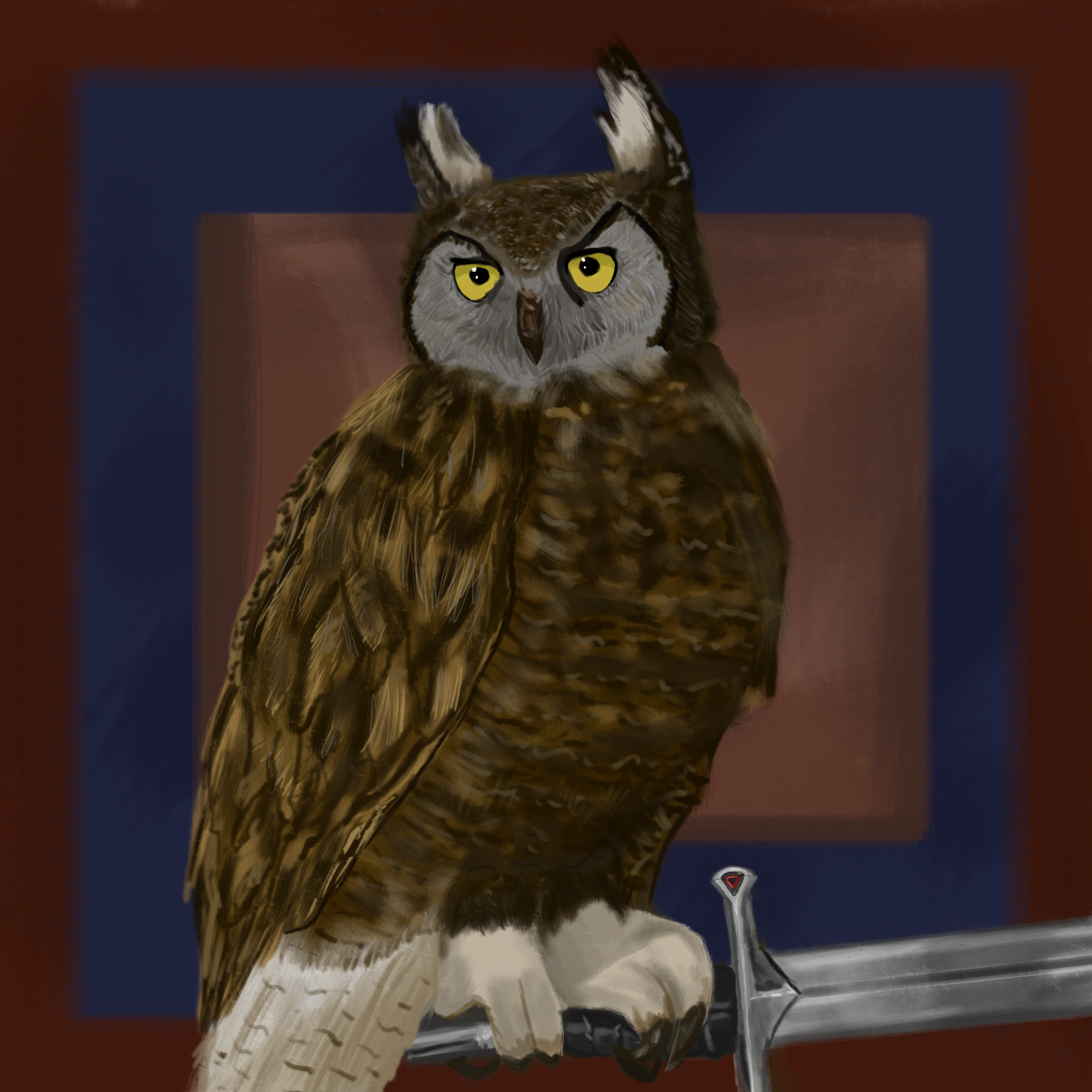 Digital Drawing of an Owl Carrying a Sword Using His Claws