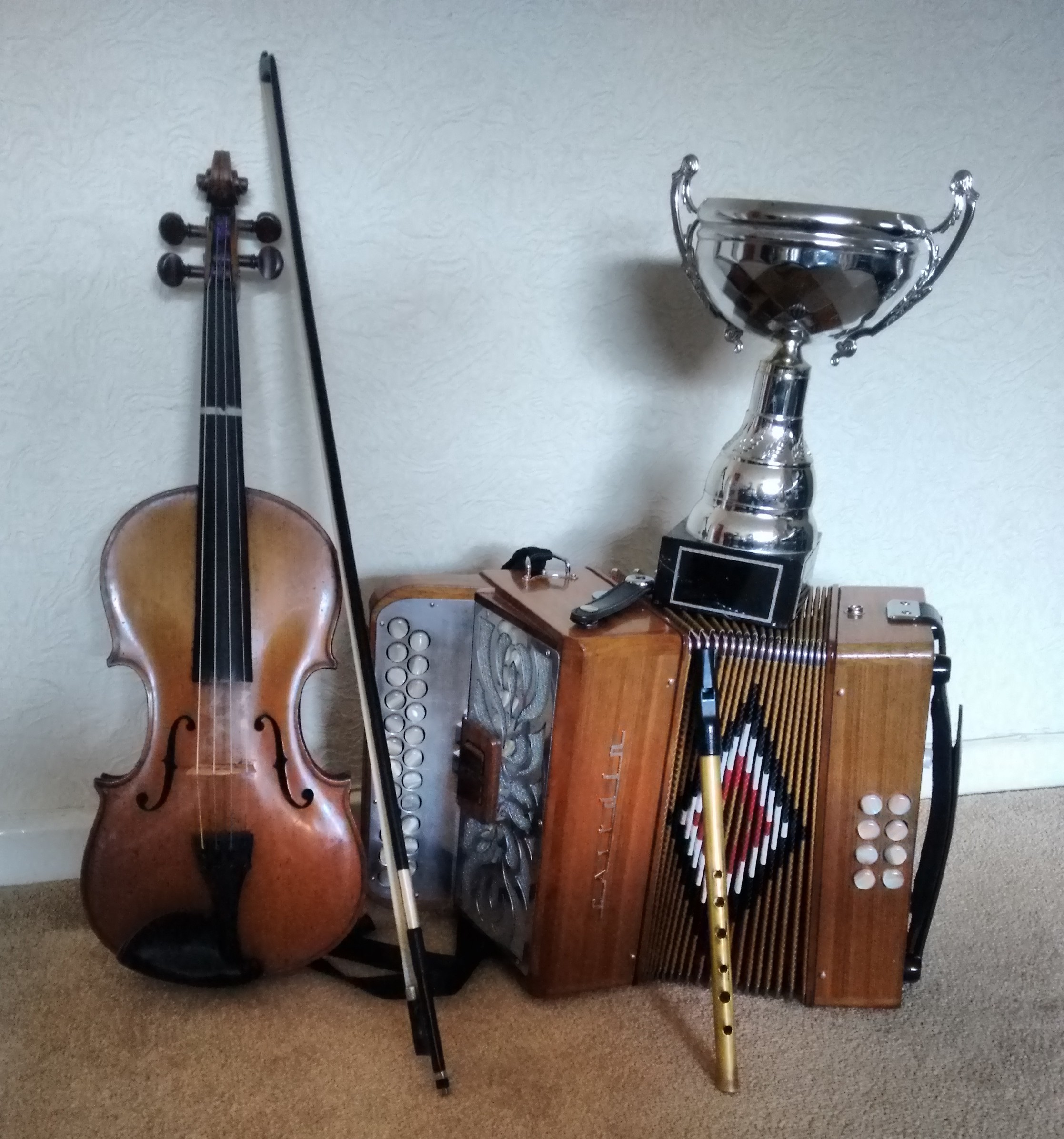 my violin, accordian, tin whistle and a trophy